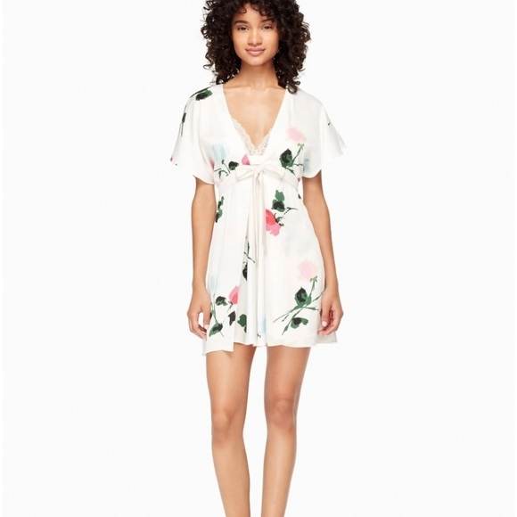 KATE SPADE ♠️ New York floral womens Charmeuse Robe Womens size XS / S - Picture 9 of 10